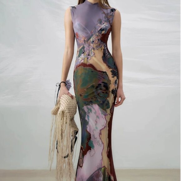 Idle /Artistic Watercolor Mesh Mock Neck Maxi Dress XL - Picture 2 of 5